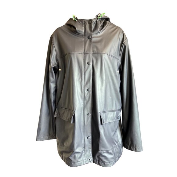 Lands End Hooded Rain Jacket Womens M 10-12 Rubberized Waterproof Green Lining - Picture 2 of 11